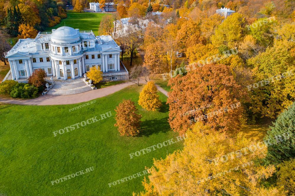 Фотография показывает осенний парк в Санкт-Петербурге. Великолепный архитектурный ансамбль в классическом стиле гармонично вписывается в яркую палитру осенних деревьев, создавая живописный пейзаж. Этот снимок будет идеален для использования в исторических и культурных публикациях, а также в туристических и образовательных материалах.